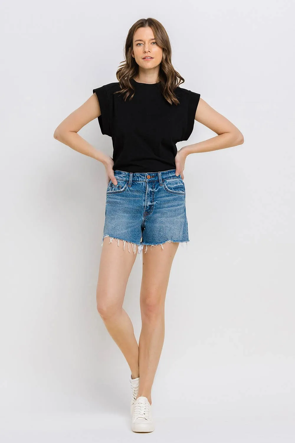 Vervet by Flying Monkey High Rise Distressed Hem A-Line Shorts In Swan River
