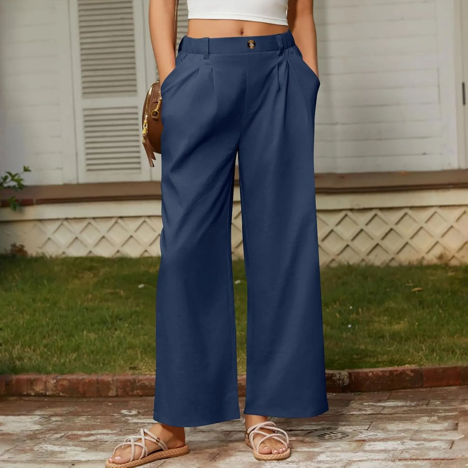 Wide Leg Dress Pants for Women Summer Casual High Waisted Dressy Pant with Pockets Trendy Office Work Slacks