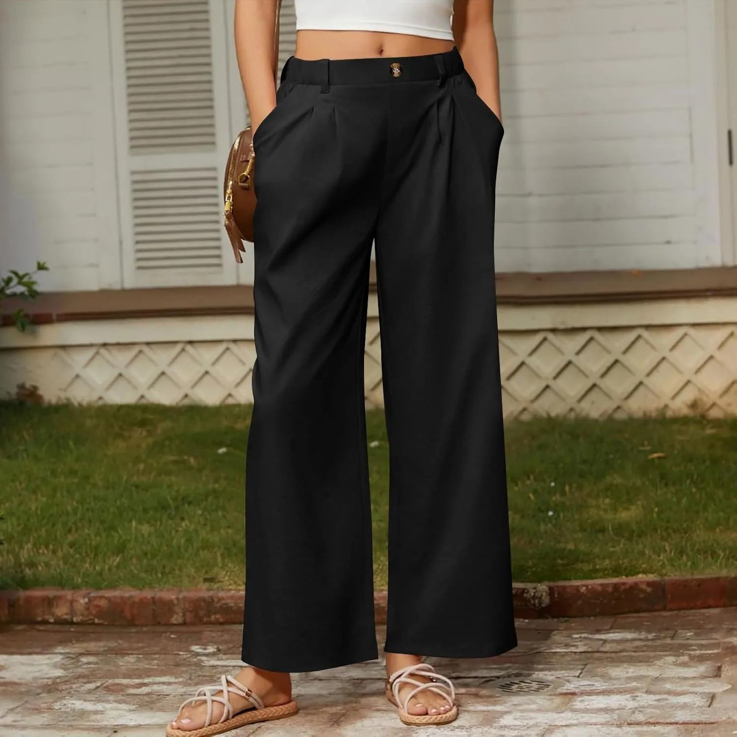 Wide Leg Dress Pants for Women Summer Casual High Waisted Dressy Pant with Pockets Trendy Office Work Slacks
