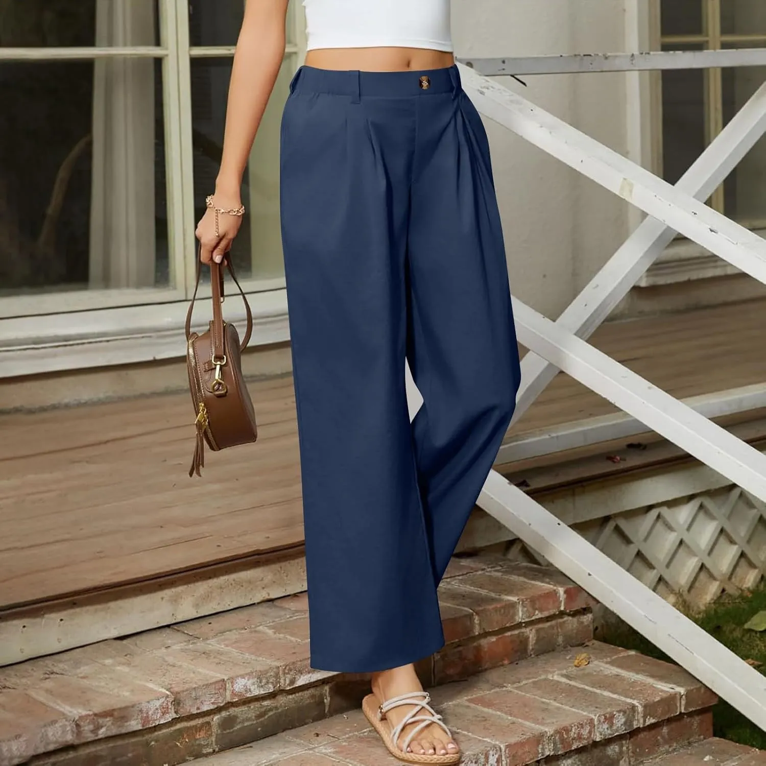 Wide Leg Dress Pants for Women Summer Casual High Waisted Dressy Pant with Pockets Trendy Office Work Slacks