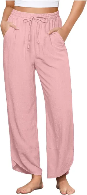Wide Leg Pants Women Linen Palazzo High Waisted Drawstring Lounge Trousers Summer Casual Beach Split Long Pant