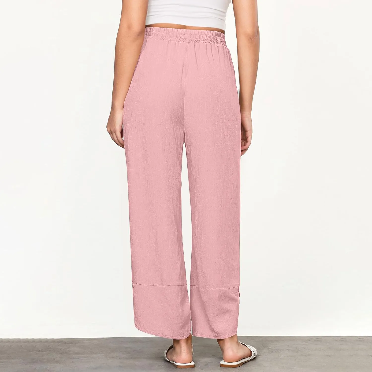 Wide Leg Pants Women Linen Palazzo High Waisted Drawstring Lounge Trousers Summer Casual Beach Split Long Pant