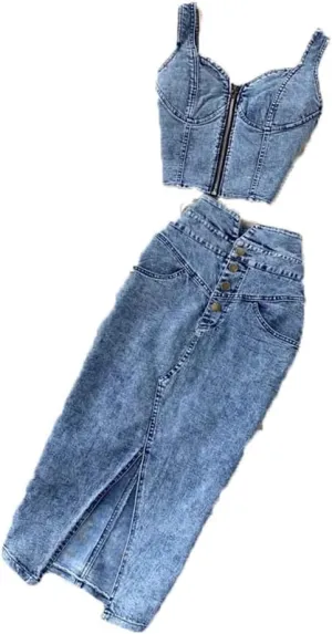 Women Cropped Tank Vest High-Waisted Denim Skirt Women's Short Skirt Set