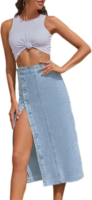 Women's Casual Slit Denim Midi Jean Skirt, Stretch High Waisted Button Up Frayed with Pockets, Jean Skirt for Women