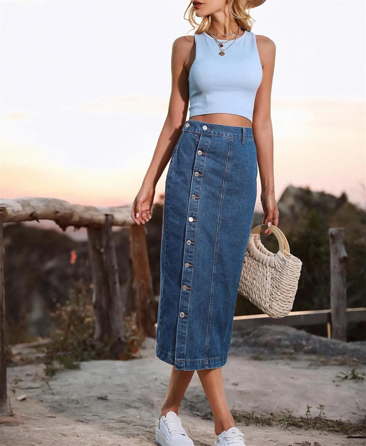 Women's Casual Slit Denim Midi Jean Skirt, Stretch High Waisted Button Up Frayed with Pockets, Jean Skirt for Women