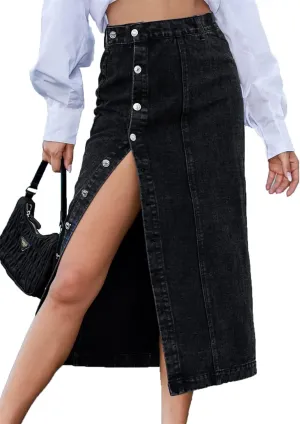 Women's Casual Slit Denim Midi Jean Skirt, Stretch High Waisted Button Up Frayed with Pockets, Jean Skirt for Women