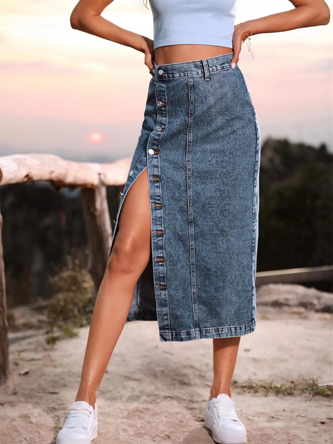 Women's Casual Slit Denim Midi Jean Skirt, Stretch High Waisted Button Up Frayed with Pockets, Jean Skirt for Women