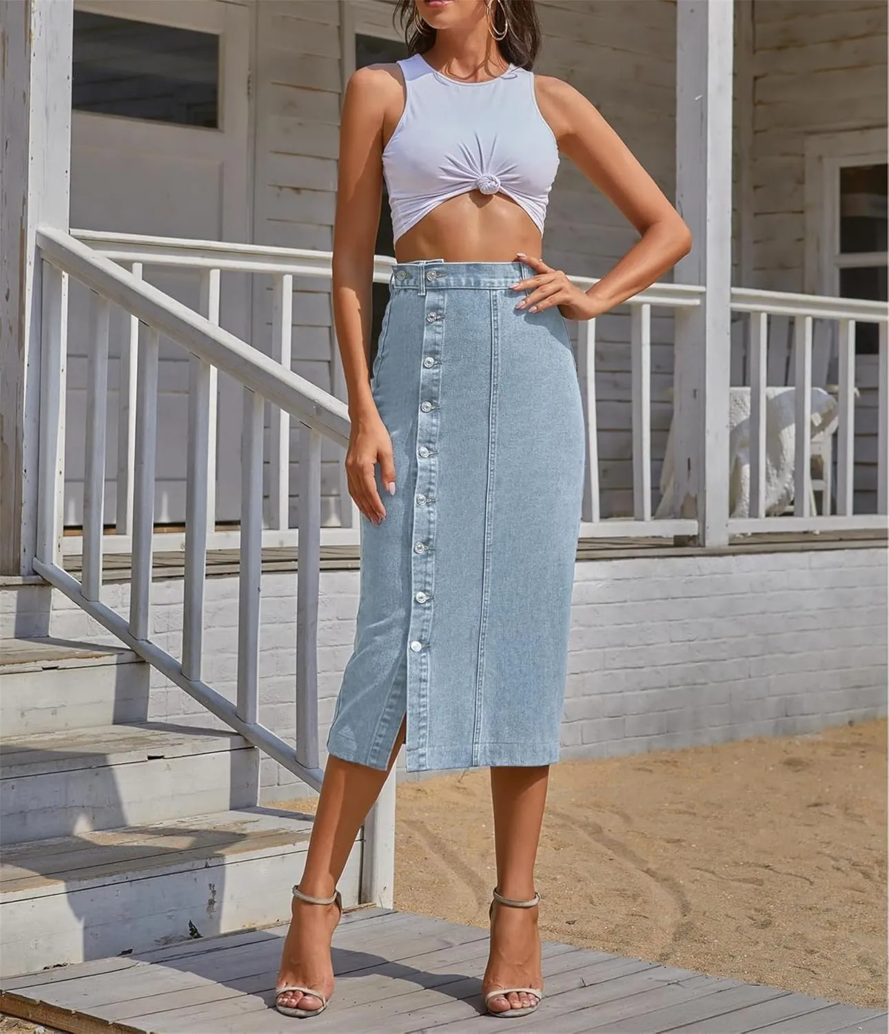 Women's Casual Slit Denim Midi Jean Skirt, Stretch High Waisted Button Up Frayed with Pockets, Jean Skirt for Women