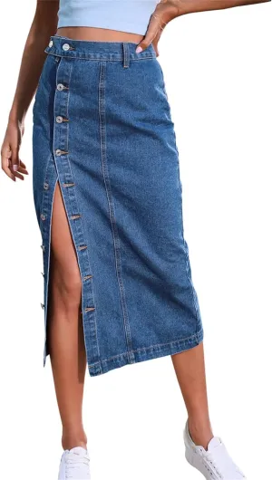 Women's Casual Slit Denim Midi Jean Skirt, Stretch High Waisted Button Up Frayed with Pockets, Jean Skirt for Women
