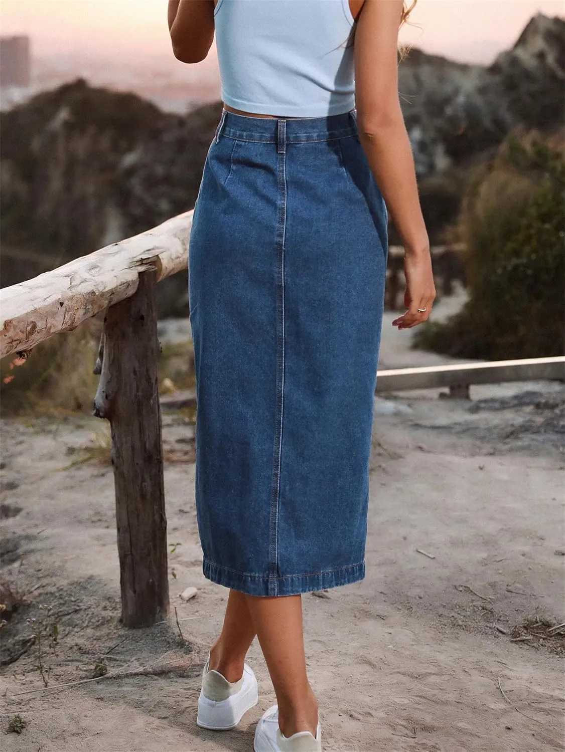Women's Casual Slit Denim Midi Jean Skirt, Stretch High Waisted Button Up Frayed with Pockets, Jean Skirt for Women