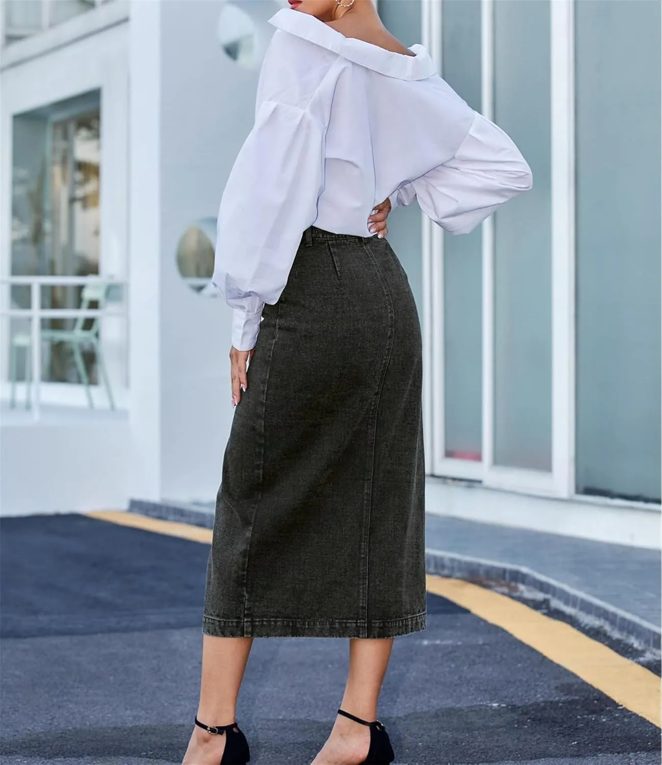 Women's Casual Slit Denim Midi Jean Skirt, Stretch High Waisted Button Up Frayed with Pockets, Jean Skirt for Women