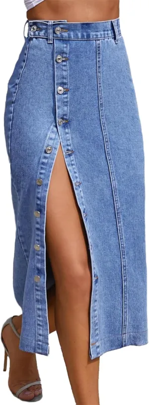 Women's Casual Slit Denim Midi Jean Skirt, Stretch High Waisted Button Up Frayed with Pockets, Jean Skirt for Women