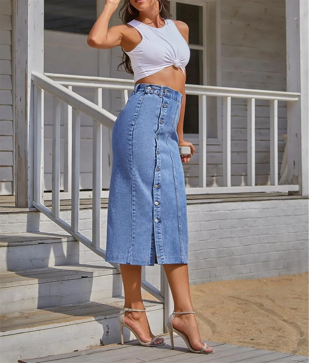 Women's Casual Slit Denim Midi Jean Skirt, Stretch High Waisted Button Up Frayed with Pockets, Jean Skirt for Women