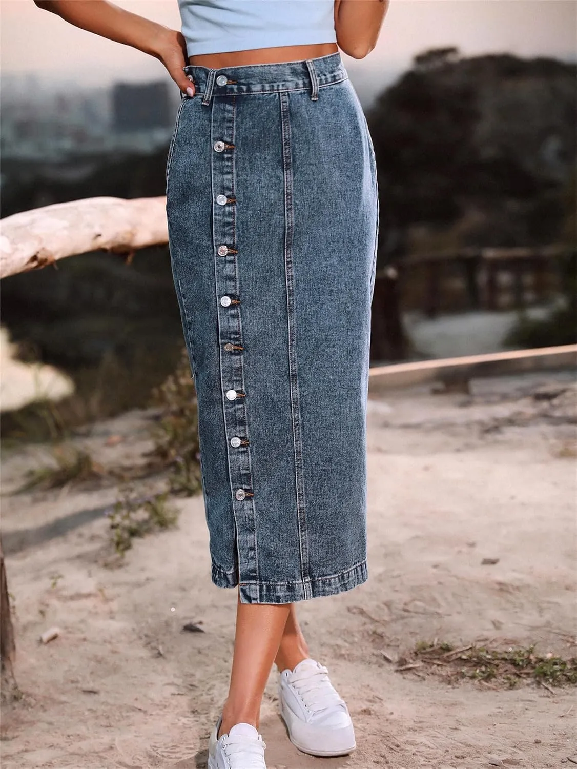 Women's Casual Slit Denim Midi Jean Skirt, Stretch High Waisted Button Up Frayed with Pockets, Jean Skirt for Women