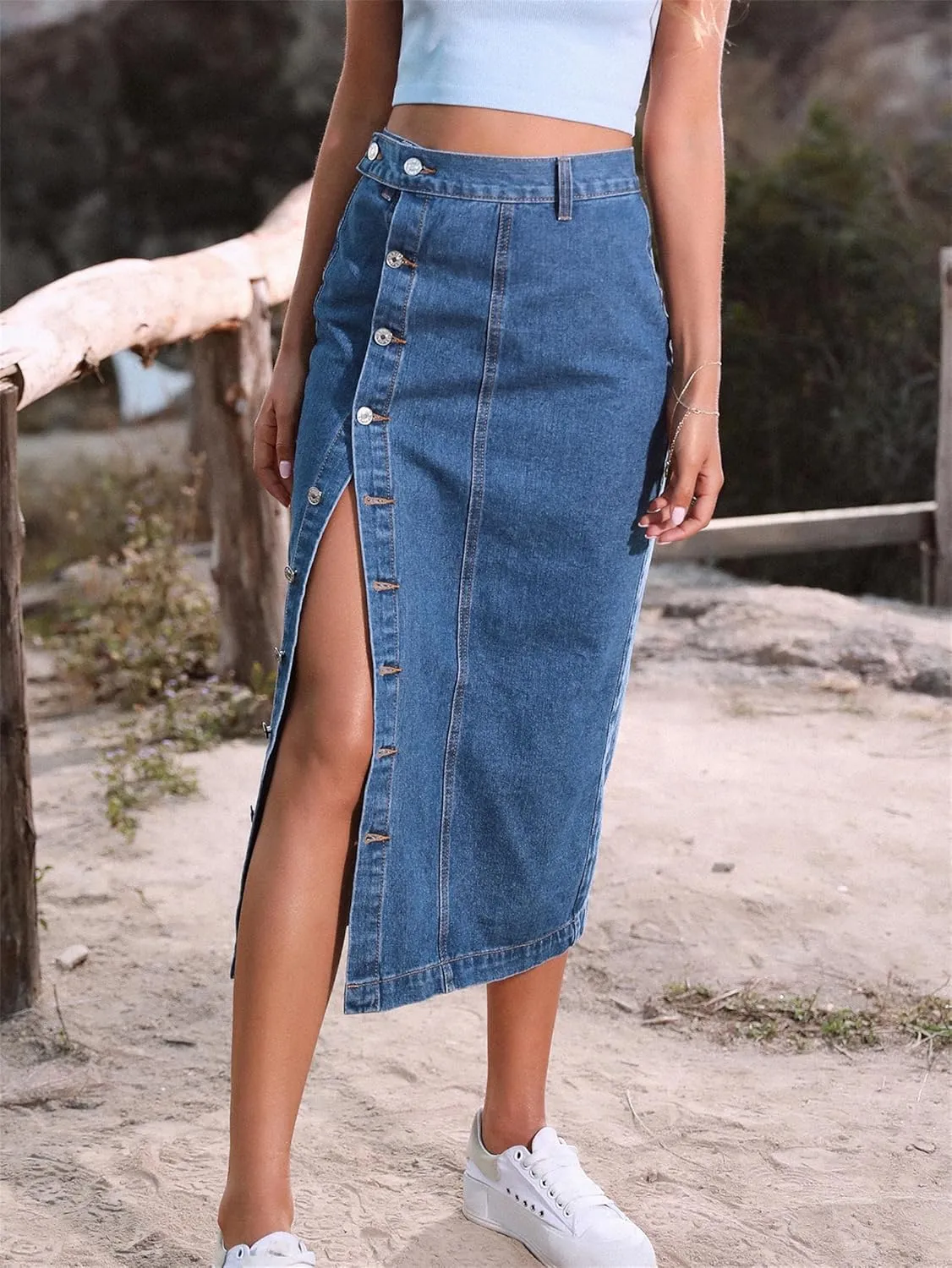 Women's Casual Slit Denim Midi Jean Skirt, Stretch High Waisted Button Up Frayed with Pockets, Jean Skirt for Women