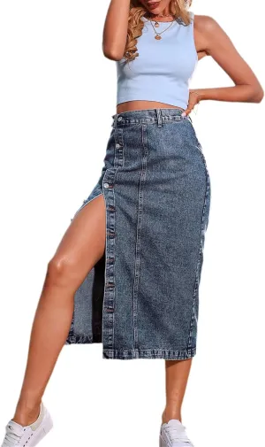 Women's Casual Slit Denim Midi Jean Skirt, Stretch High Waisted Button Up Frayed with Pockets, Jean Skirt for Women