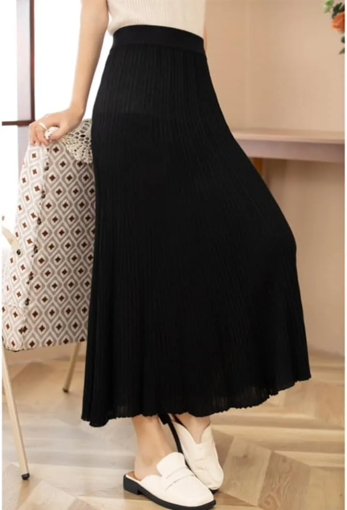 Women's High Elastic Waist A-Line Knit Pleated Fine Merino Wool Midi Swing Skirts