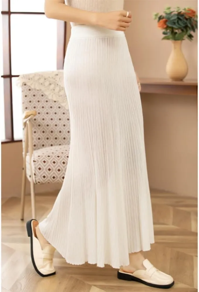 Women's High Elastic Waist A-Line Knit Pleated Fine Merino Wool Midi Swing Skirts