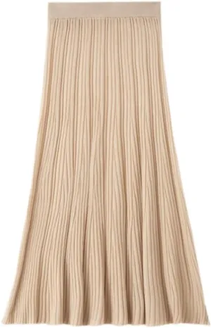 Women's High Elastic Waist A-Line Knit Pleated Fine Merino Wool Midi Swing Skirts