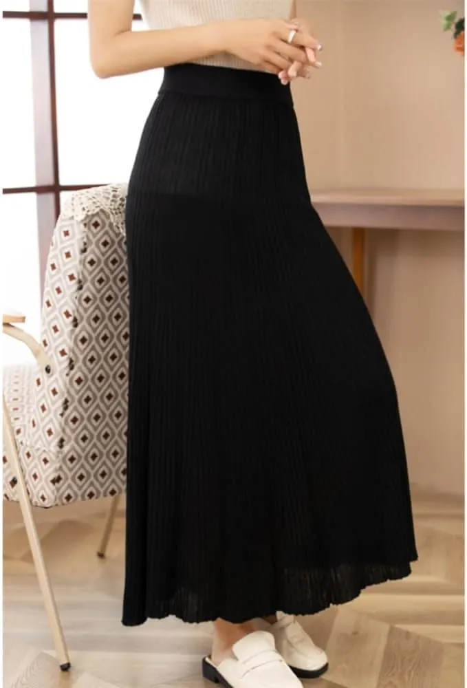 Women's High Elastic Waist A-Line Knit Pleated Fine Merino Wool Midi Swing Skirts