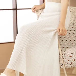 Women's High Elastic Waist A-Line Knit Pleated Fine Merino Wool Midi Swing Skirts