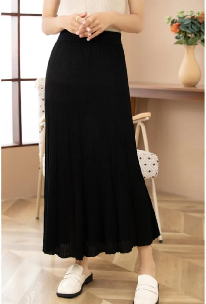 Women's High Elastic Waist A-Line Knit Pleated Fine Merino Wool Midi Swing Skirts