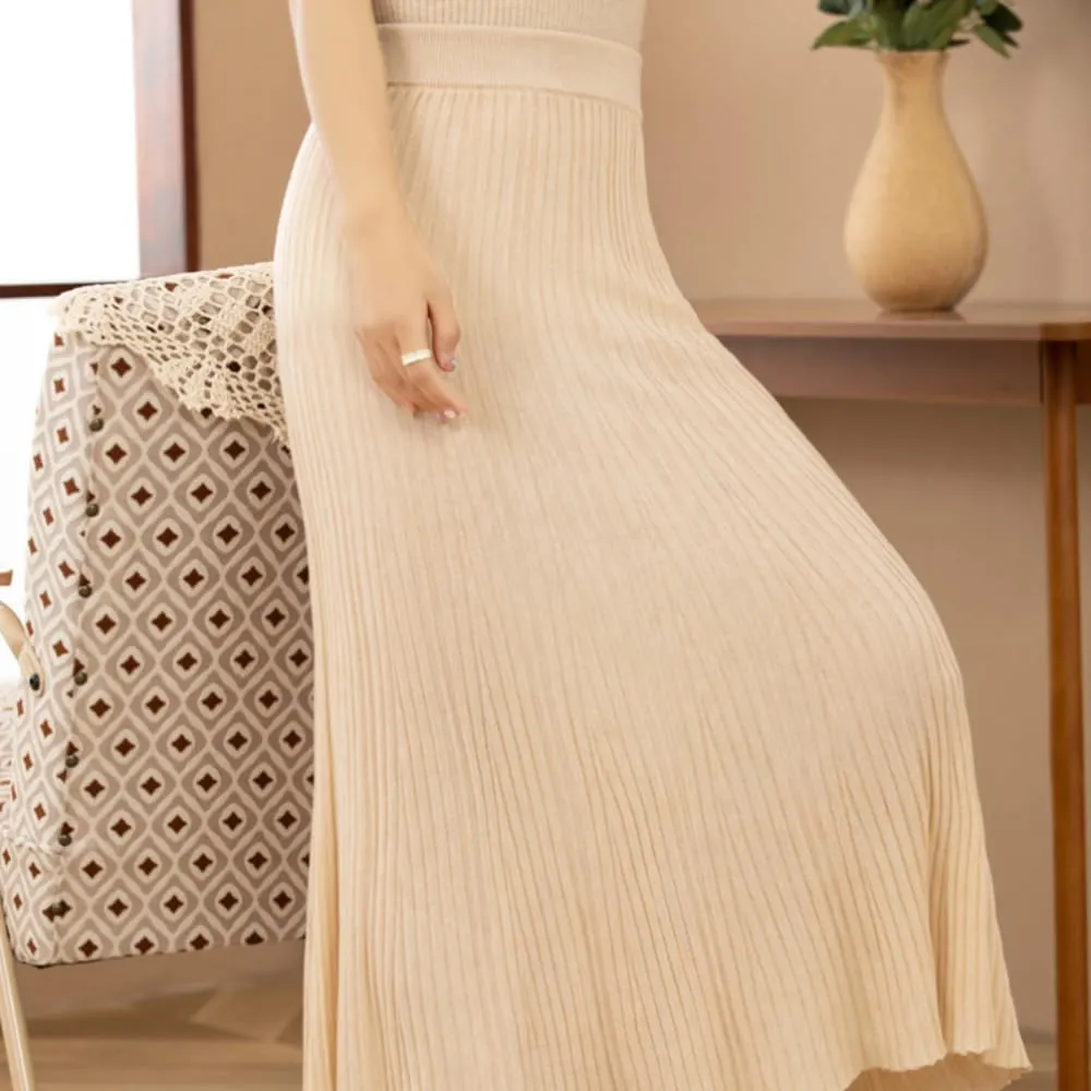 Women's High Elastic Waist A-Line Knit Pleated Fine Merino Wool Midi Swing Skirts