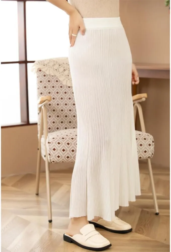 Women's High Elastic Waist A-Line Knit Pleated Fine Merino Wool Midi Swing Skirts
