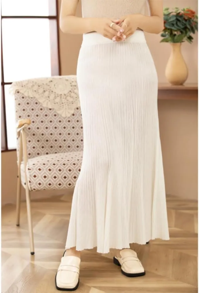 Women's High Elastic Waist A-Line Knit Pleated Fine Merino Wool Midi Swing Skirts