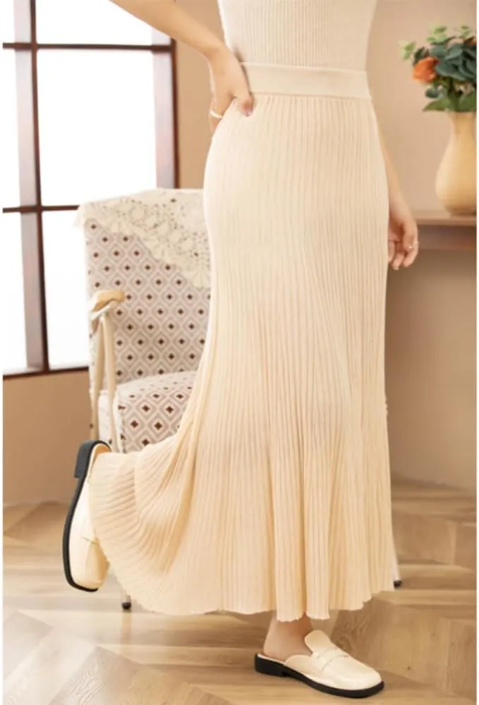 Women's High Elastic Waist A-Line Knit Pleated Fine Merino Wool Midi Swing Skirts