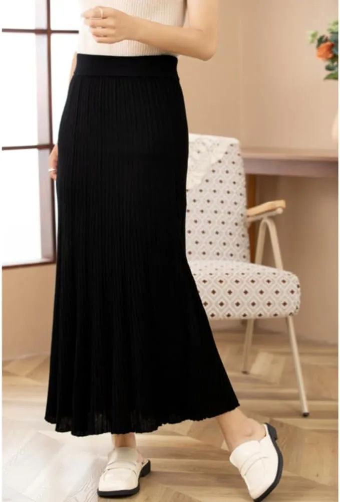 Women's High Elastic Waist A-Line Knit Pleated Fine Merino Wool Midi Swing Skirts