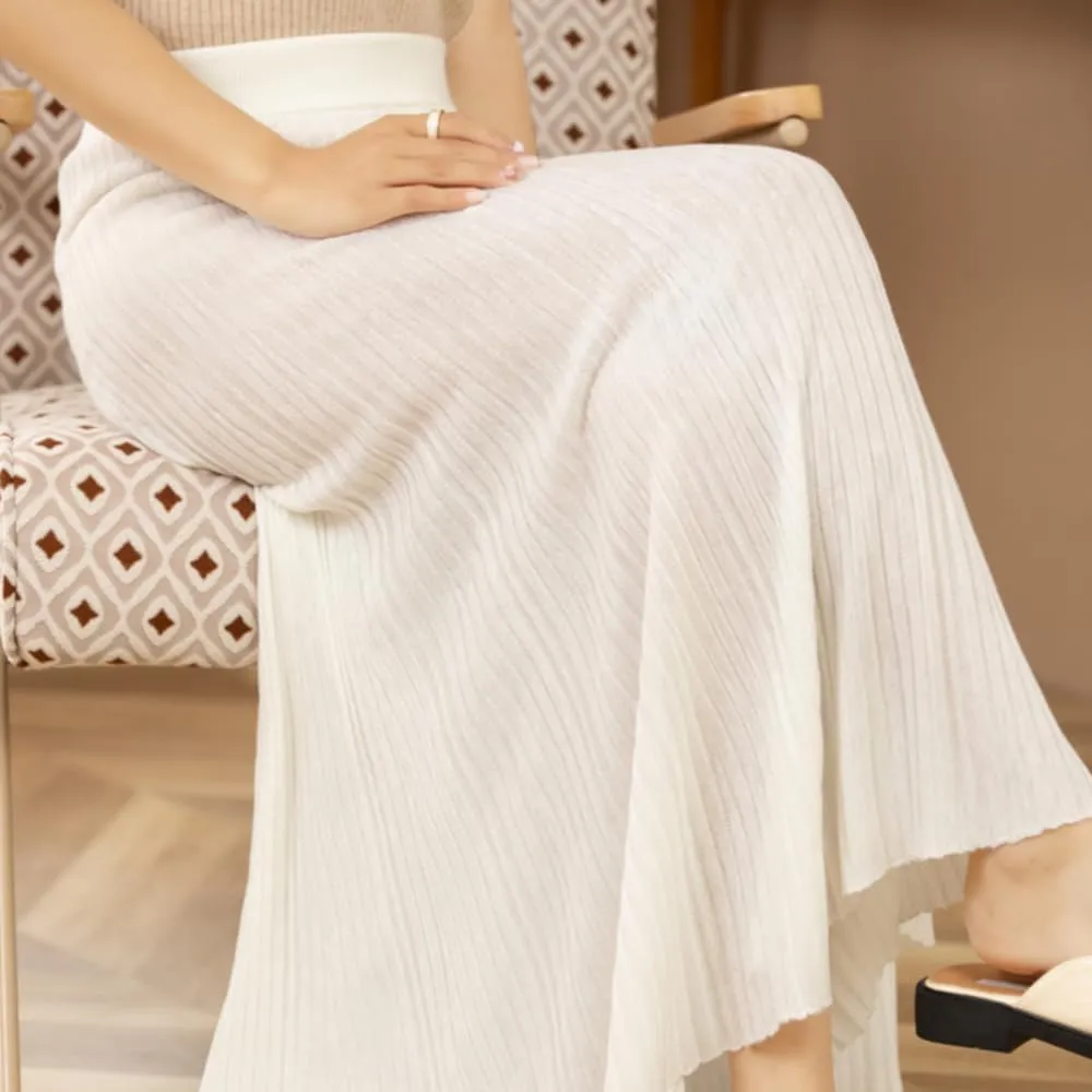 Women's High Elastic Waist A-Line Knit Pleated Fine Merino Wool Midi Swing Skirts