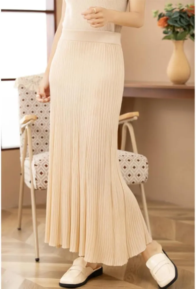 Women's High Elastic Waist A-Line Knit Pleated Fine Merino Wool Midi Swing Skirts