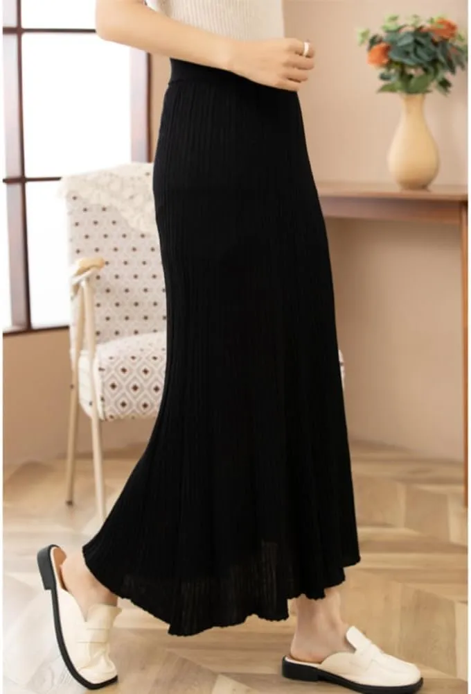 Women's High Elastic Waist A-Line Knit Pleated Fine Merino Wool Midi Swing Skirts