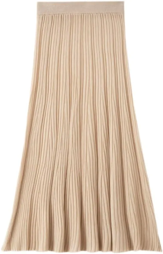 Women's High Elastic Waist A-Line Knit Pleated Fine Merino Wool Midi Swing Skirts