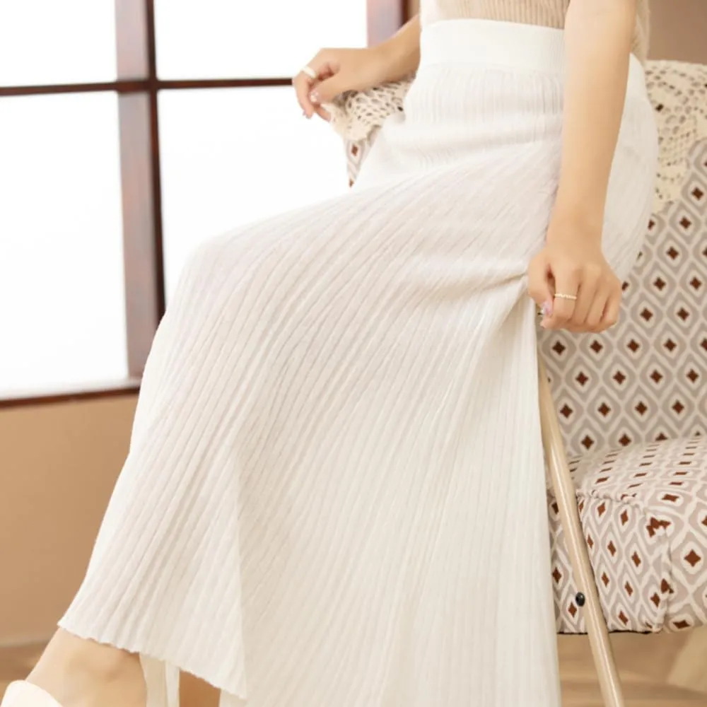Women's High Elastic Waist A-Line Knit Pleated Fine Merino Wool Midi Swing Skirts