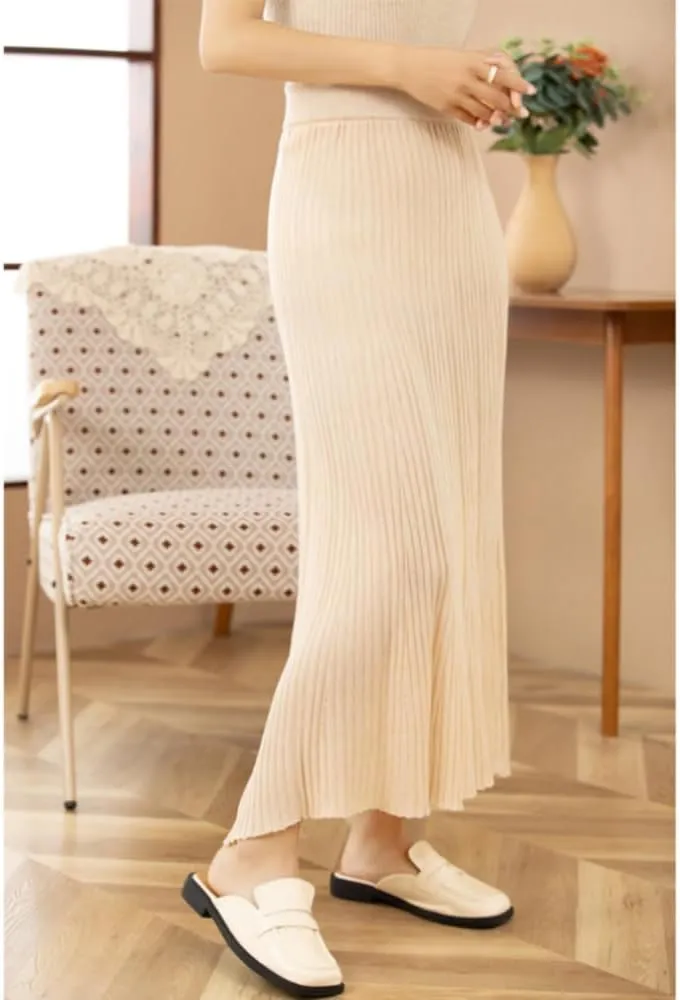 Women's High Elastic Waist A-Line Knit Pleated Fine Merino Wool Midi Swing Skirts
