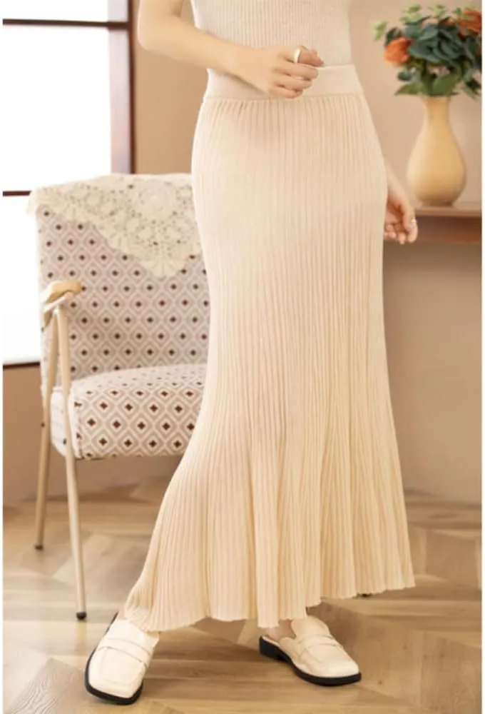 Women's High Elastic Waist A-Line Knit Pleated Fine Merino Wool Midi Swing Skirts