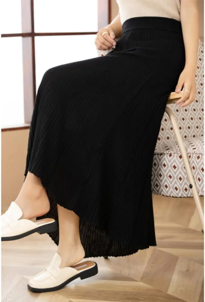 Women's High Elastic Waist A-Line Knit Pleated Fine Merino Wool Midi Swing Skirts