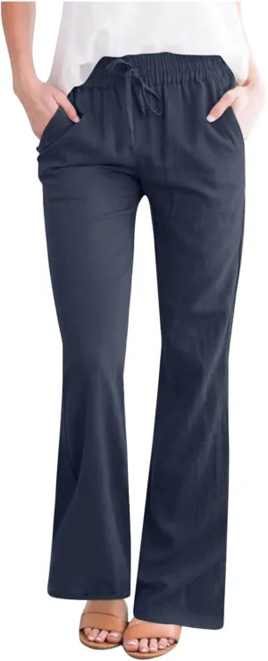 Women's Pants Casual Elastic High Waist Drawstring Lounge Trousers Wide Leg Flare Pant Summer Office Slacks