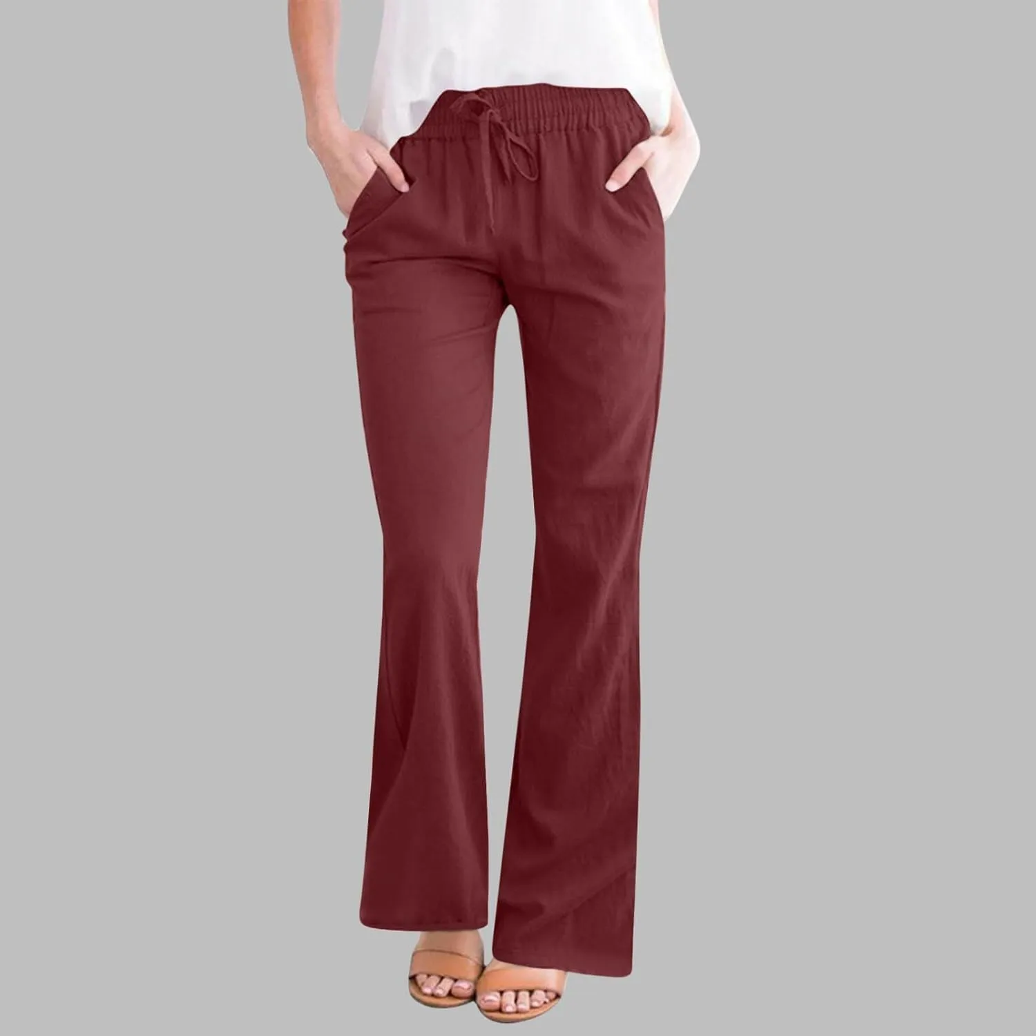 Women's Pants Casual Elastic High Waist Drawstring Lounge Trousers Wide Leg Flare Pant Summer Office Slacks
