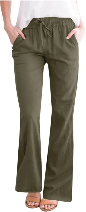 Women's Pants Casual Elastic High Waist Drawstring Lounge Trousers Wide Leg Flare Pant Summer Office Slacks