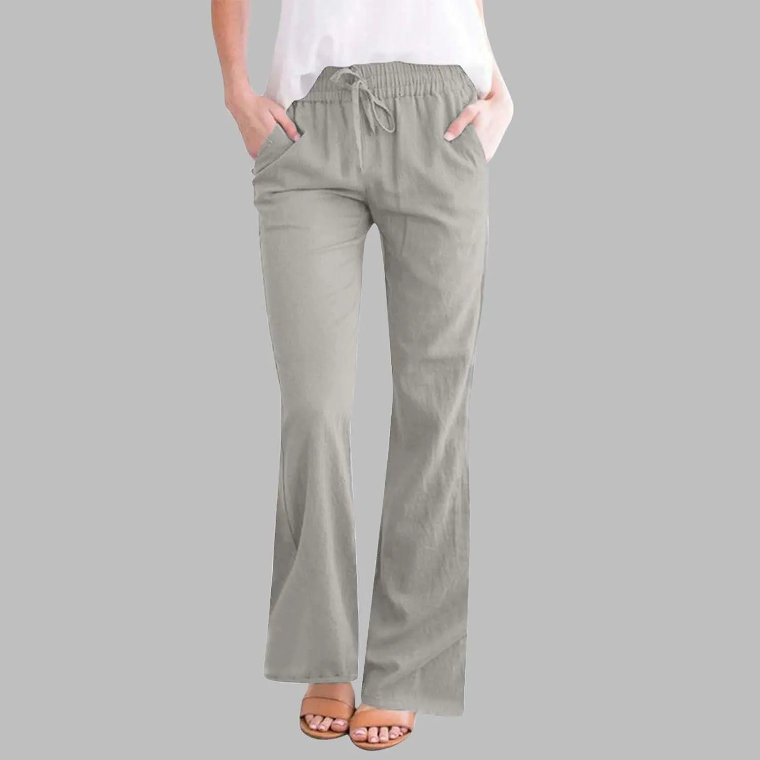 Women's Pants Casual Elastic High Waist Drawstring Lounge Trousers Wide Leg Flare Pant Summer Office Slacks