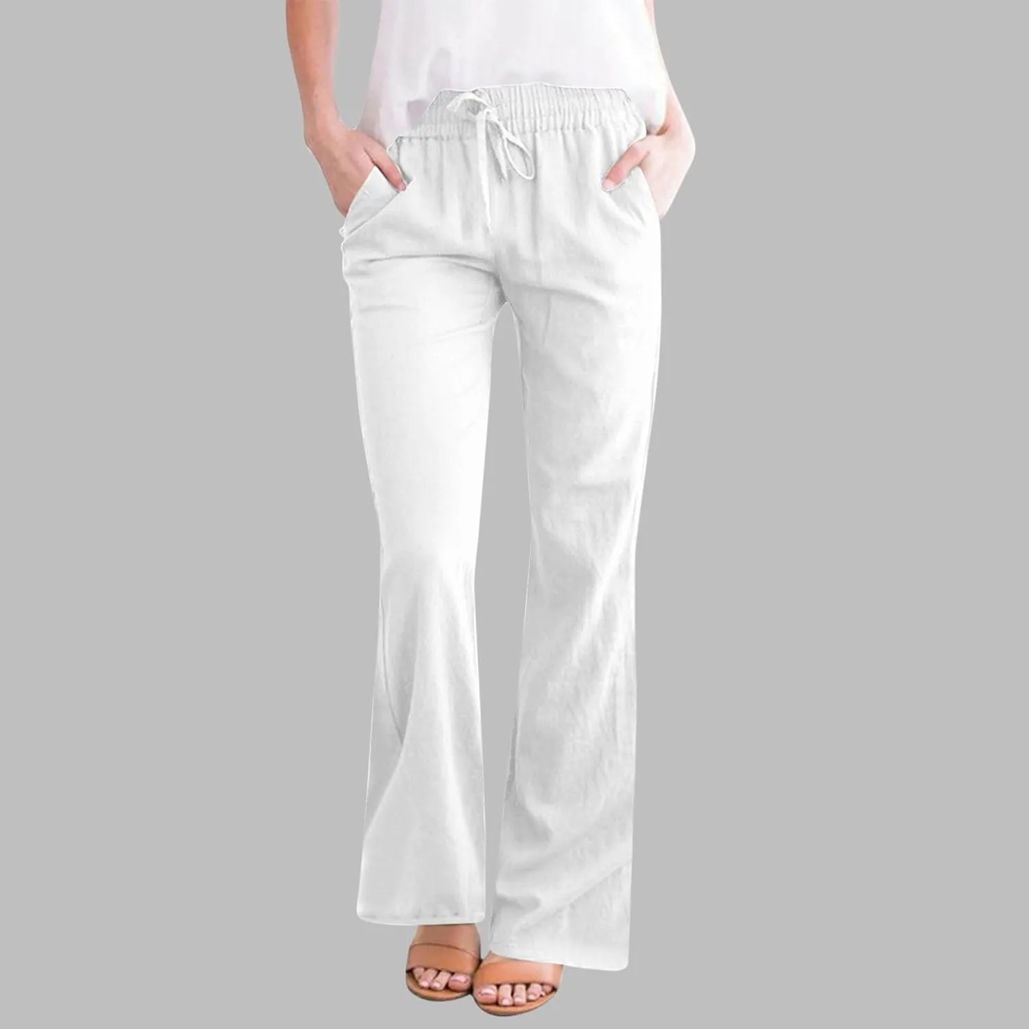 Women's Pants Casual Elastic High Waist Drawstring Lounge Trousers Wide Leg Flare Pant Summer Office Slacks