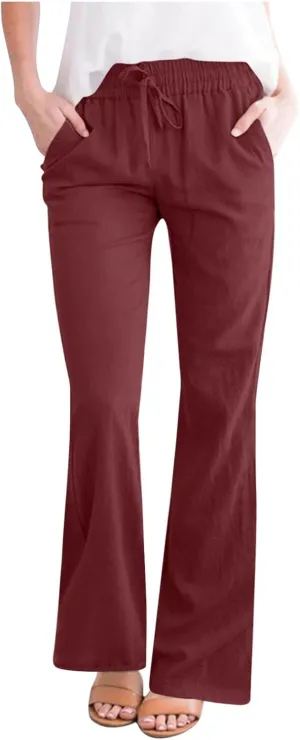 Women's Pants Casual Elastic High Waist Drawstring Lounge Trousers Wide Leg Flare Pant Summer Office Slacks