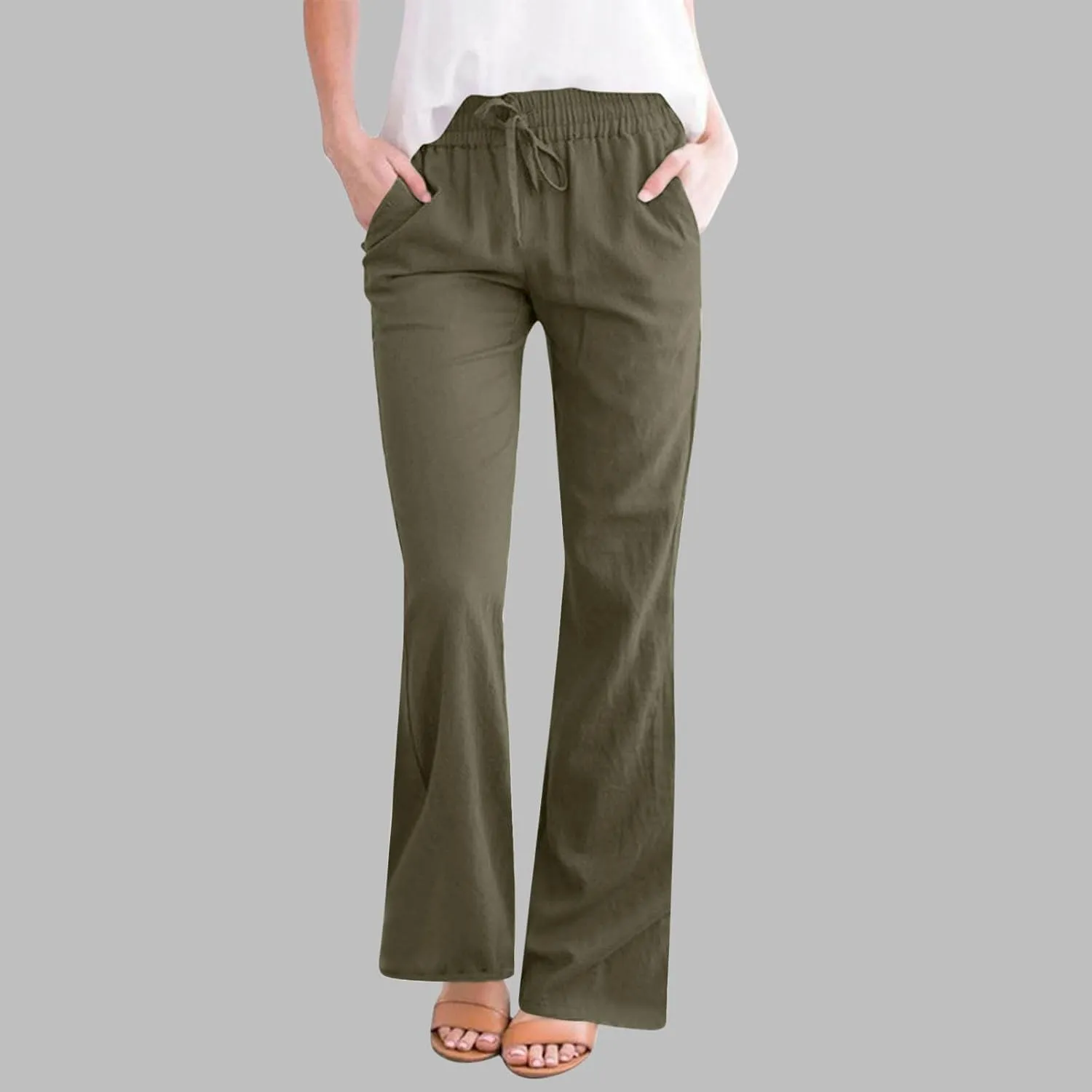 Women's Pants Casual Elastic High Waist Drawstring Lounge Trousers Wide Leg Flare Pant Summer Office Slacks