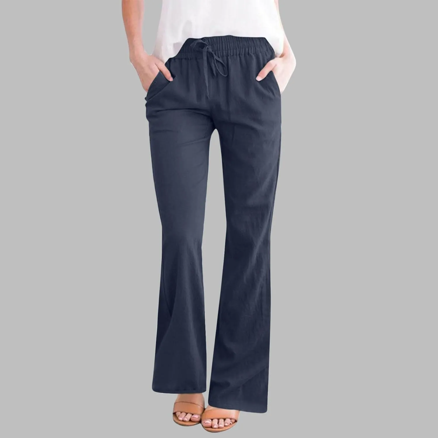 Women's Pants Casual Elastic High Waist Drawstring Lounge Trousers Wide Leg Flare Pant Summer Office Slacks
