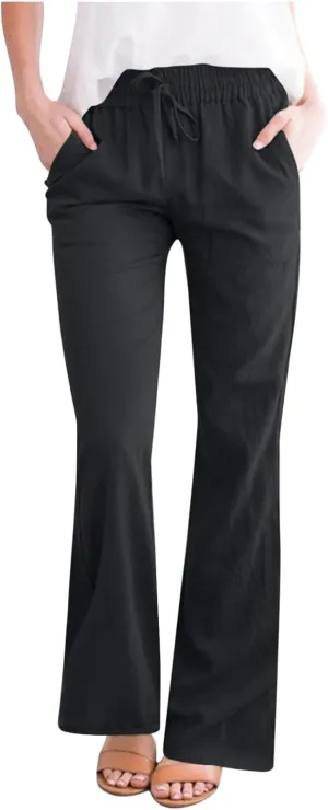 Women's Pants Casual Elastic High Waist Drawstring Lounge Trousers Wide Leg Flare Pant Summer Office Slacks