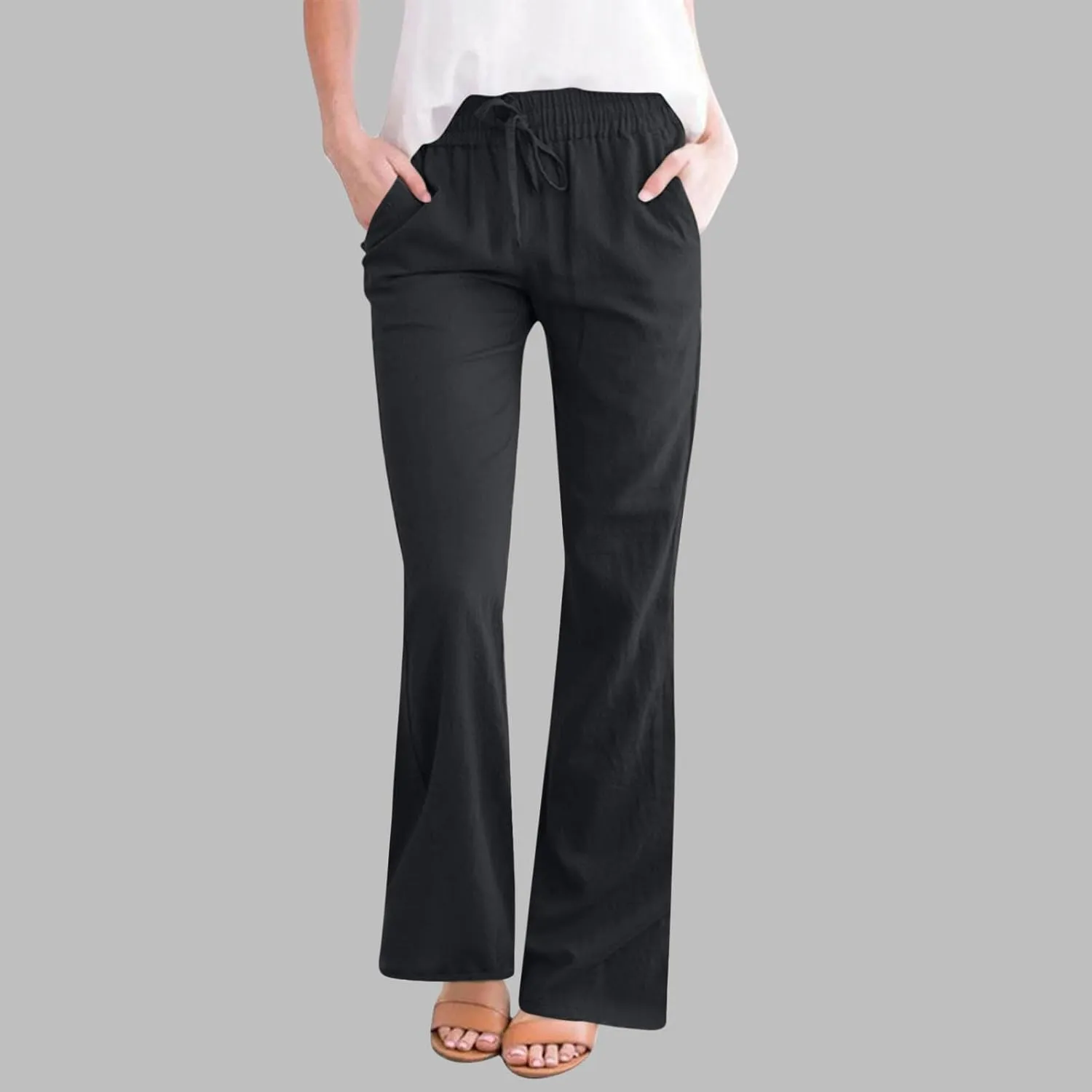 Women's Pants Casual Elastic High Waist Drawstring Lounge Trousers Wide Leg Flare Pant Summer Office Slacks