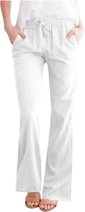 Women's Pants Casual Elastic High Waist Drawstring Lounge Trousers Wide Leg Flare Pant Summer Office Slacks